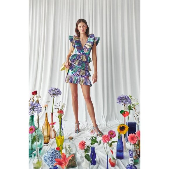 Celia B Acke Metalic Pleated Mini Dress Multi Womens Size Large - Picture 1 of 16